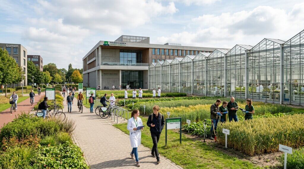Researchers and students walking and working in crop fields and greenhouses at Wageningen University campus.