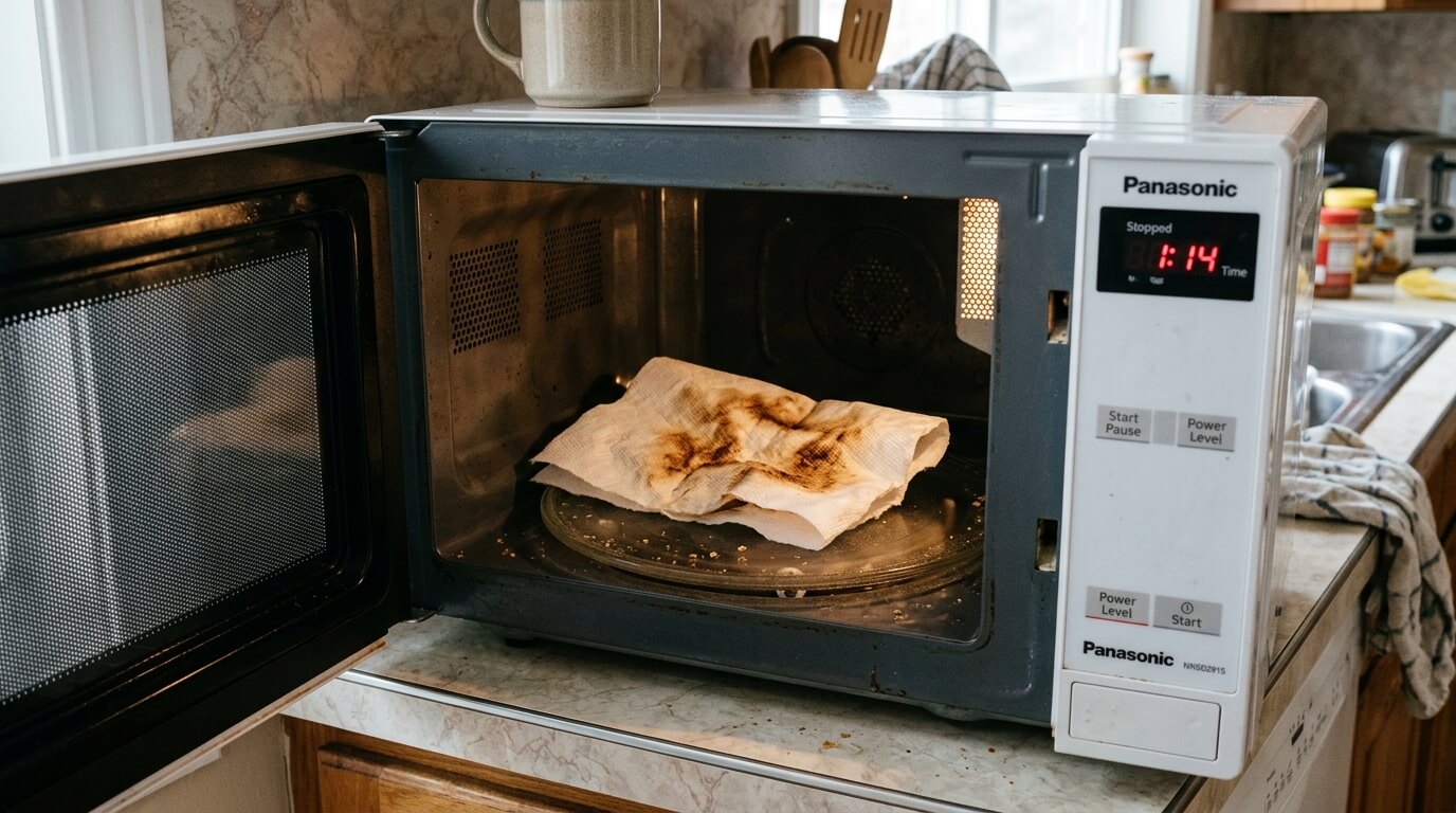 Panasonic microwave with burnt paper towel inside and door open on kitchen counter.