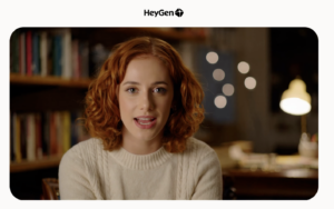 Young woman with curly red hair speaking in a cozy room with bookshelves and warm lighting in the background