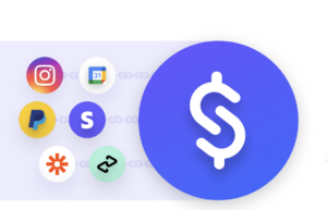 Logos of Instagram, Google Calendar, PayPal, Stripe, Zapier, and two other apps linked to a large blue icon with a white dollar sign.