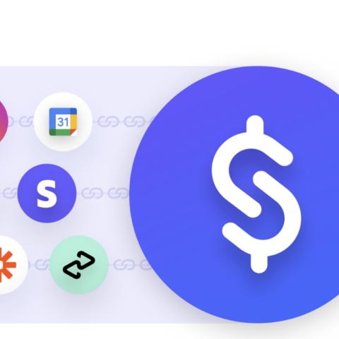 Logos of Instagram, Google Calendar, PayPal, Stripe, Zapier, and two other apps linked to a large blue icon with a white dollar sign.