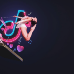 Dancer performing a backbend emerging from a smartphone with glowing TikTok logo and music notes.