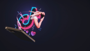 Dancer performing a backbend emerging from a smartphone with glowing TikTok logo and music notes.