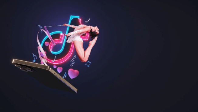 Dancer performing a backbend emerging from a smartphone with glowing TikTok logo and music notes.
