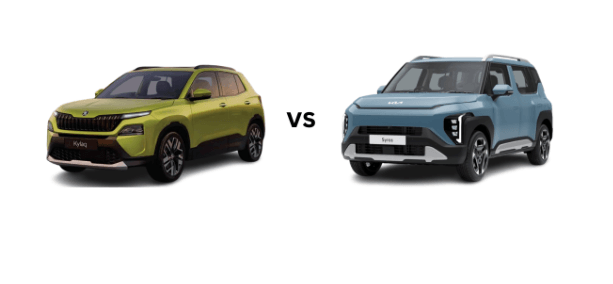 Green Skoda Kushaq SUV and blue Kia Seltos SUV side by side with "vs" text between them.