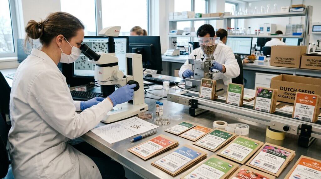 Scientists in lab coats testing and packaging Euroseed brand seeds in a laboratory setting