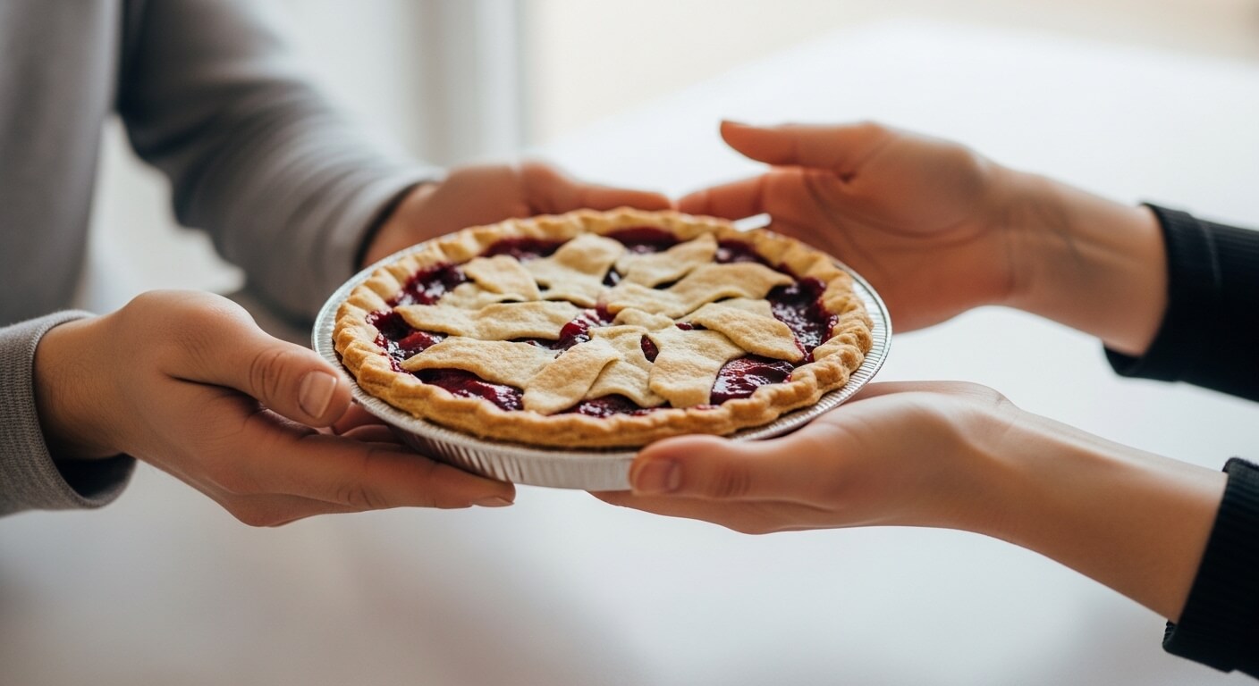 Two people exchanging a homemade berry pie with a decorative lattice crust in a foil pan.