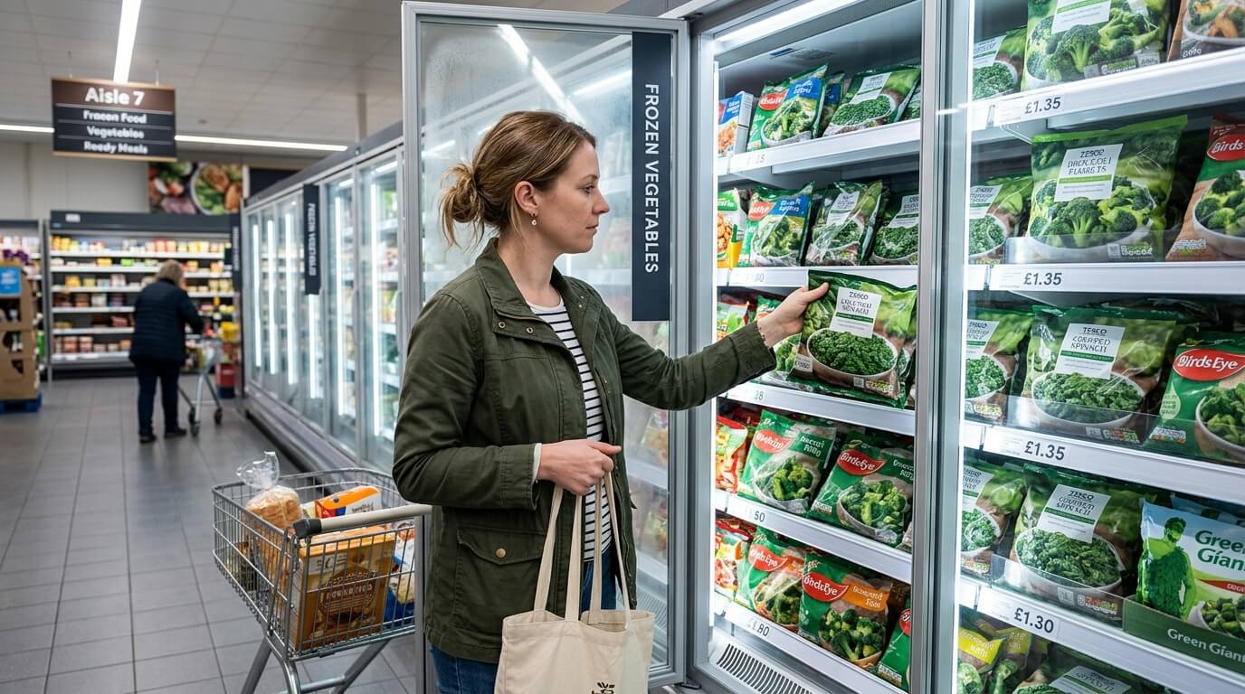 Woman in green jacket selecting frozen vegetables from Tesco freezer aisle with shopping cart nearby