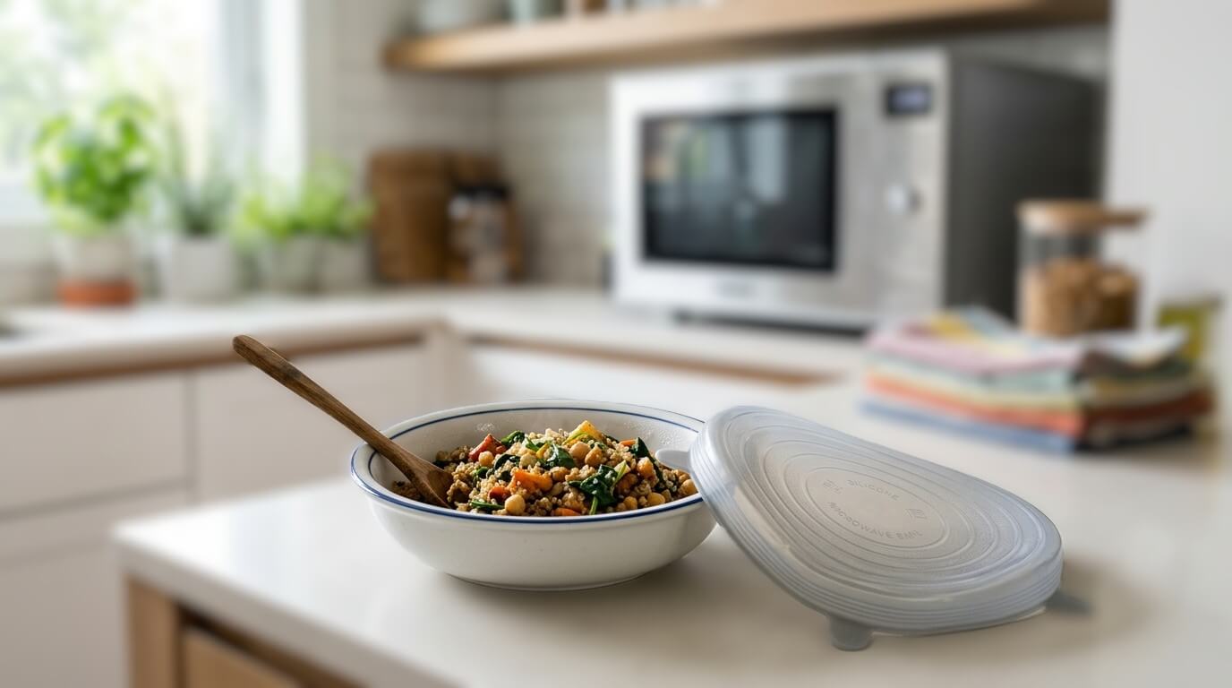 Bowl of mixed quinoa salad with vegetables and chickpeas on kitchen counter with silicone microwave cover.