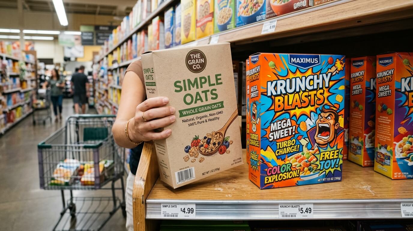 Person holding The Grain Co. Simple Oats box next to Maximus Krunchy Blasts cereal on grocery shelf