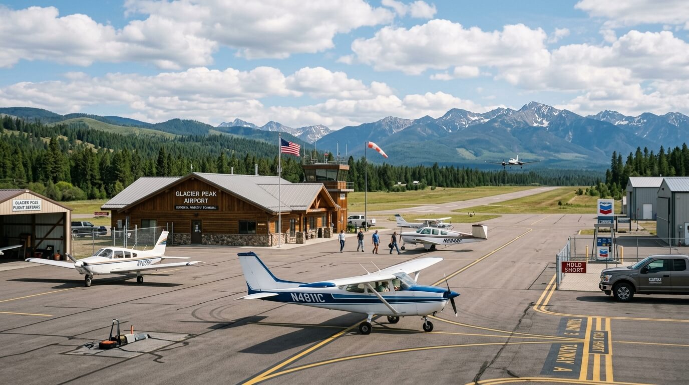 Small planes parked and taxiing at Glacier Peak Airport with mountains and forest in the background.