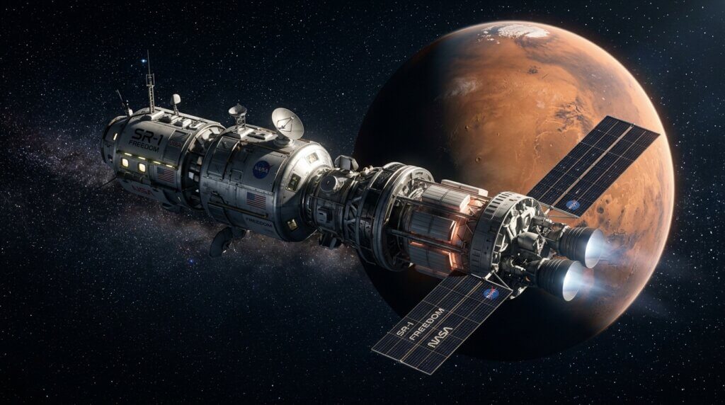 NASA SR-1 Freedom spacecraft orbiting Mars with engines firing and solar panels extended