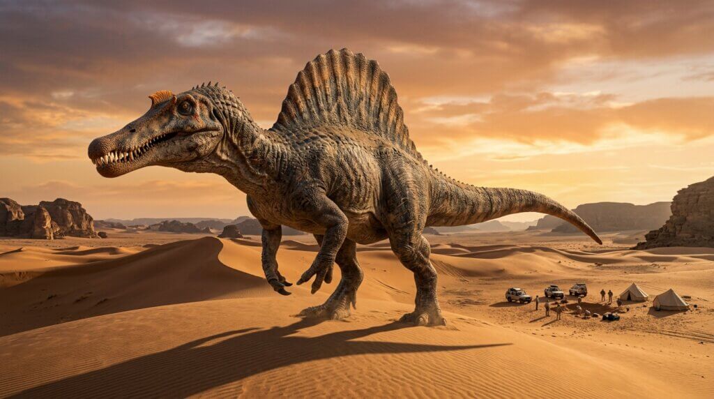 Spinosaurus dinosaur standing on a sand dune near a desert campsite with tents and vehicles at sunset.