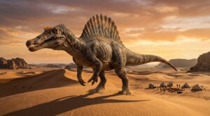 Spinosaurus dinosaur standing on a sand dune near a desert campsite with tents and vehicles at sunset.