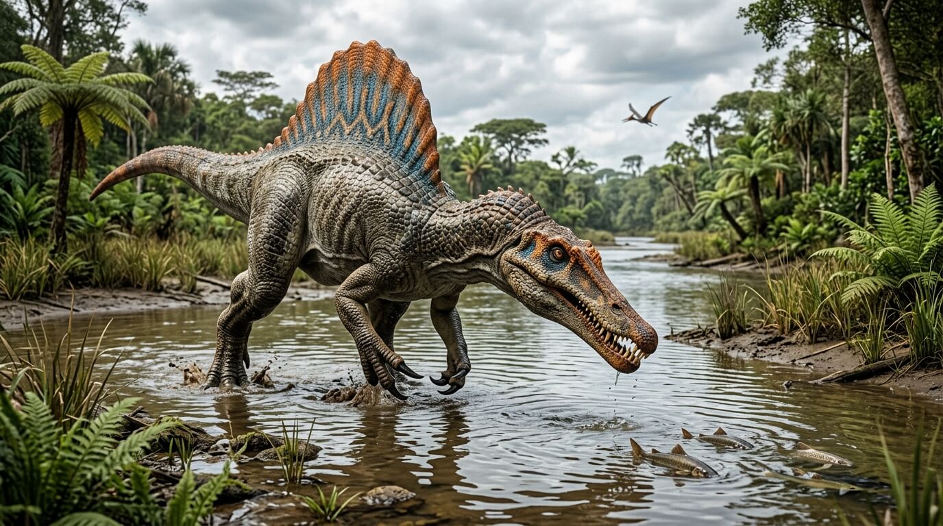 Spinosaurus wading in a river hunting fish with a pterosaur flying overhead in a prehistoric jungle.