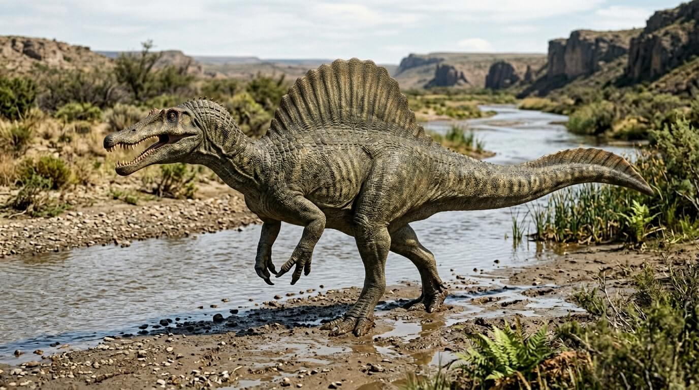 Spinosaurus dinosaur walking near a river in a rocky, arid landscape.