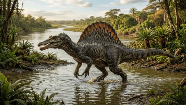 Spinosaurus dinosaur walking through a shallow river in a lush prehistoric jungle.