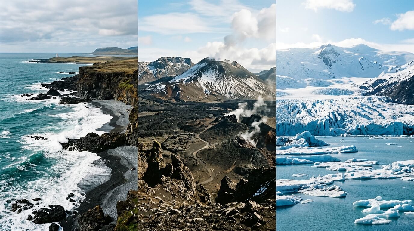 Triptych of Icelandic landscapes showing a rocky coastline, a steaming volcanic mountain, and a glacier with icebergs.
