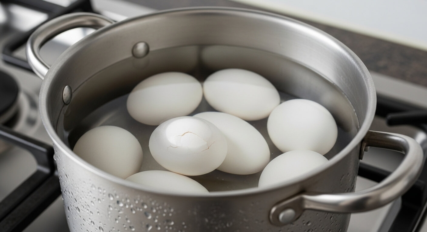White eggs boiling in a stainless steel pot on a stovetop, one egg has a visible crack.