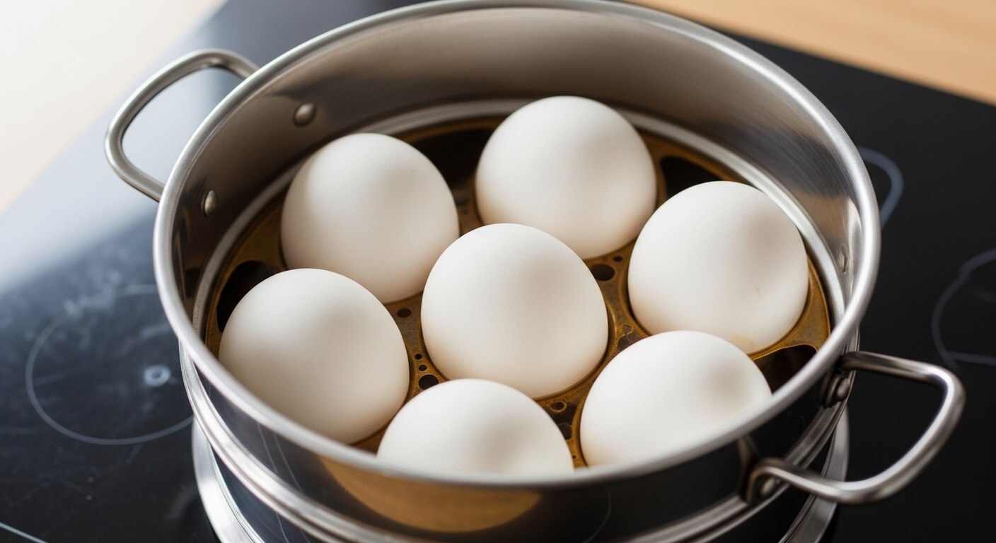 Seven white eggs arranged in a stainless steel steamer pot on a stovetop.