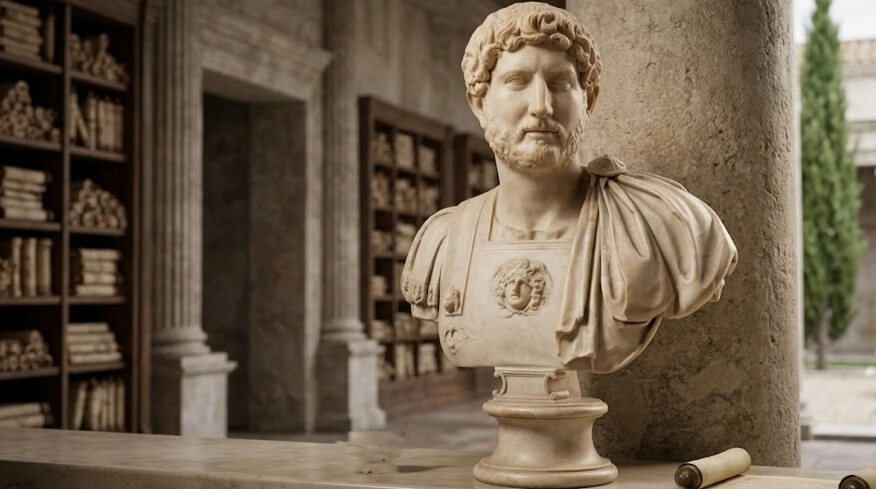 Marble bust of a bearded Roman man with curly hair in a classical library setting.