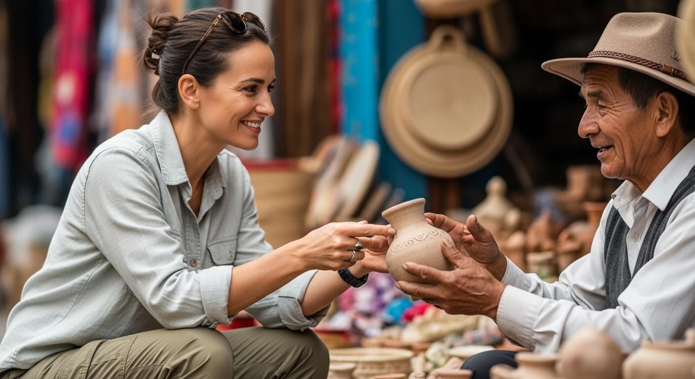 Woman examining a handcrafted clay pot while interacting with a vendor wearing a hat at an outdoor market stall