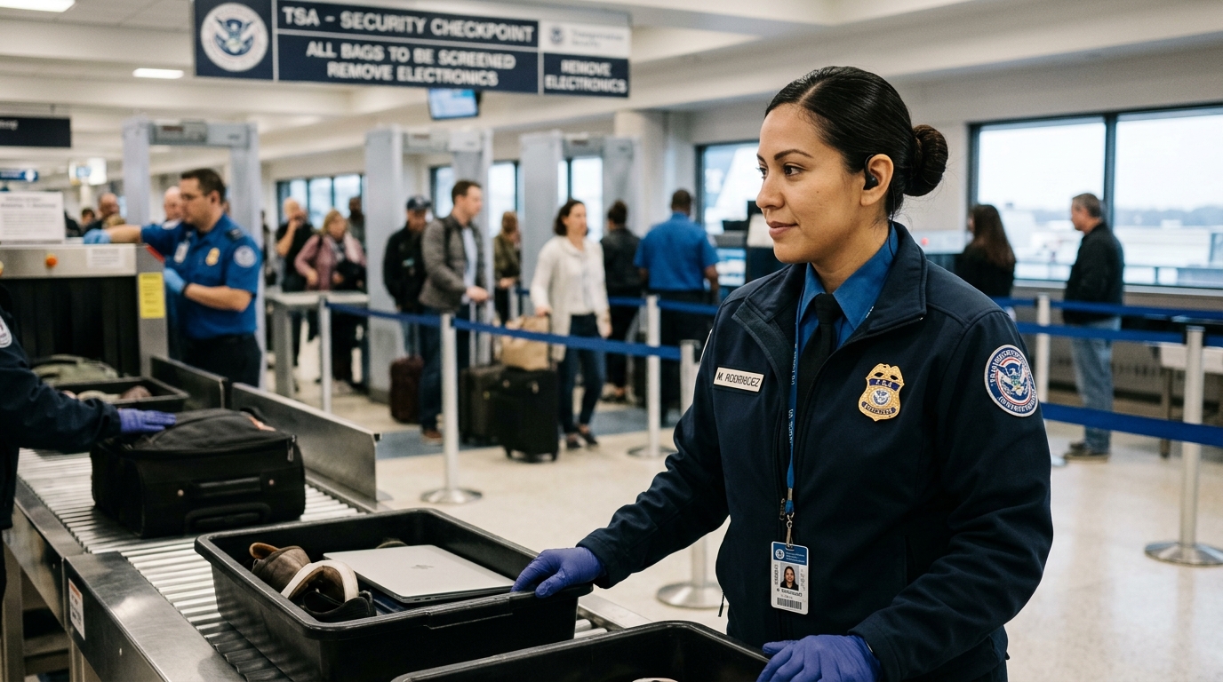 TSA officer M. Rodriguez wearing gloves inspects luggage at an airport security checkpoint.
