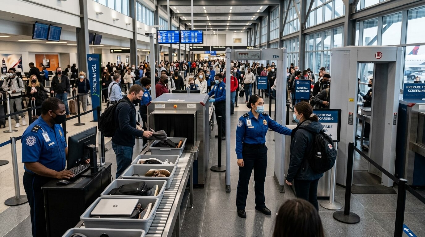 TSA officers screening passengers and luggage at an airport security checkpoint with a long line of travelers.