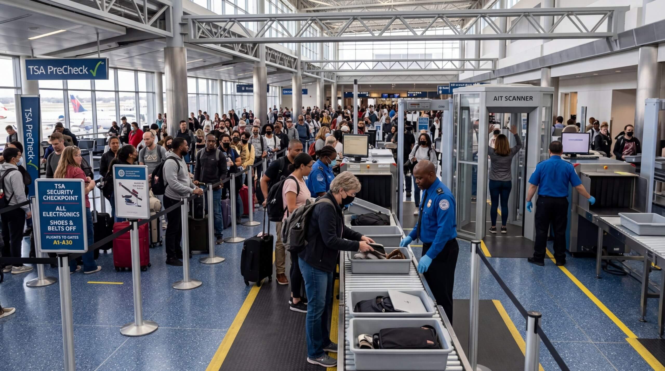 Travelers in line at TSA PreCheck security checkpoint with officers inspecting belongings at an airport.