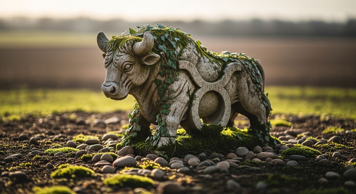Stone bull statue covered with moss and ivy, featuring the Taurus zodiac symbol, on a rocky ground.
