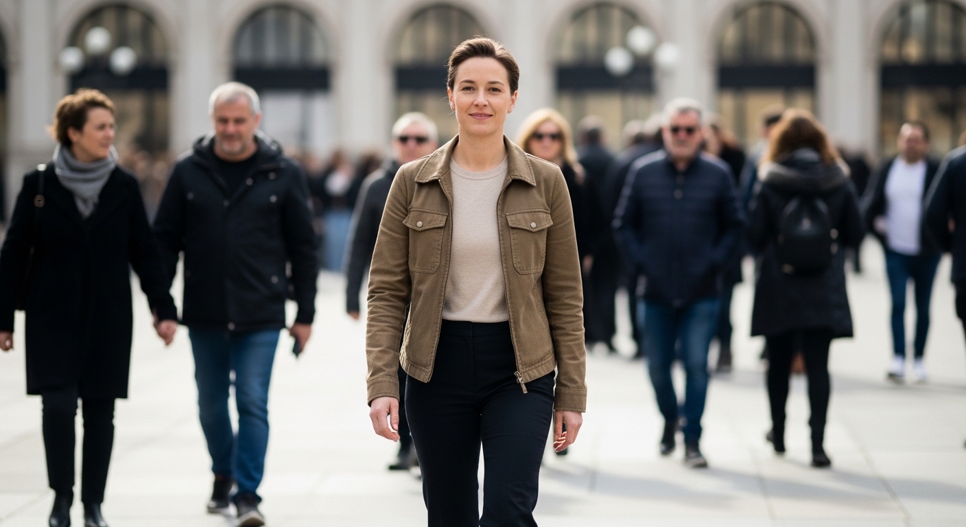 Young woman in brown jacket walking confidently in a busy urban area with blurred pedestrians in the background
