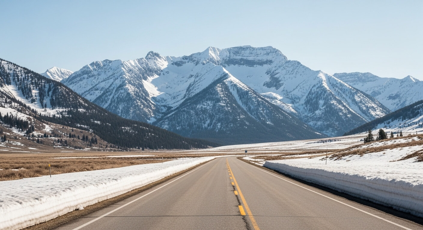 Empty highway leading to snow-covered Rocky Mountains under clear sky