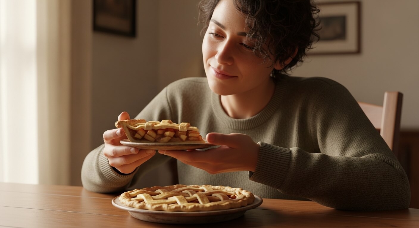 Woman holding a slice of lattice-top apple pie while sitting at a wooden table with the remaining pie.