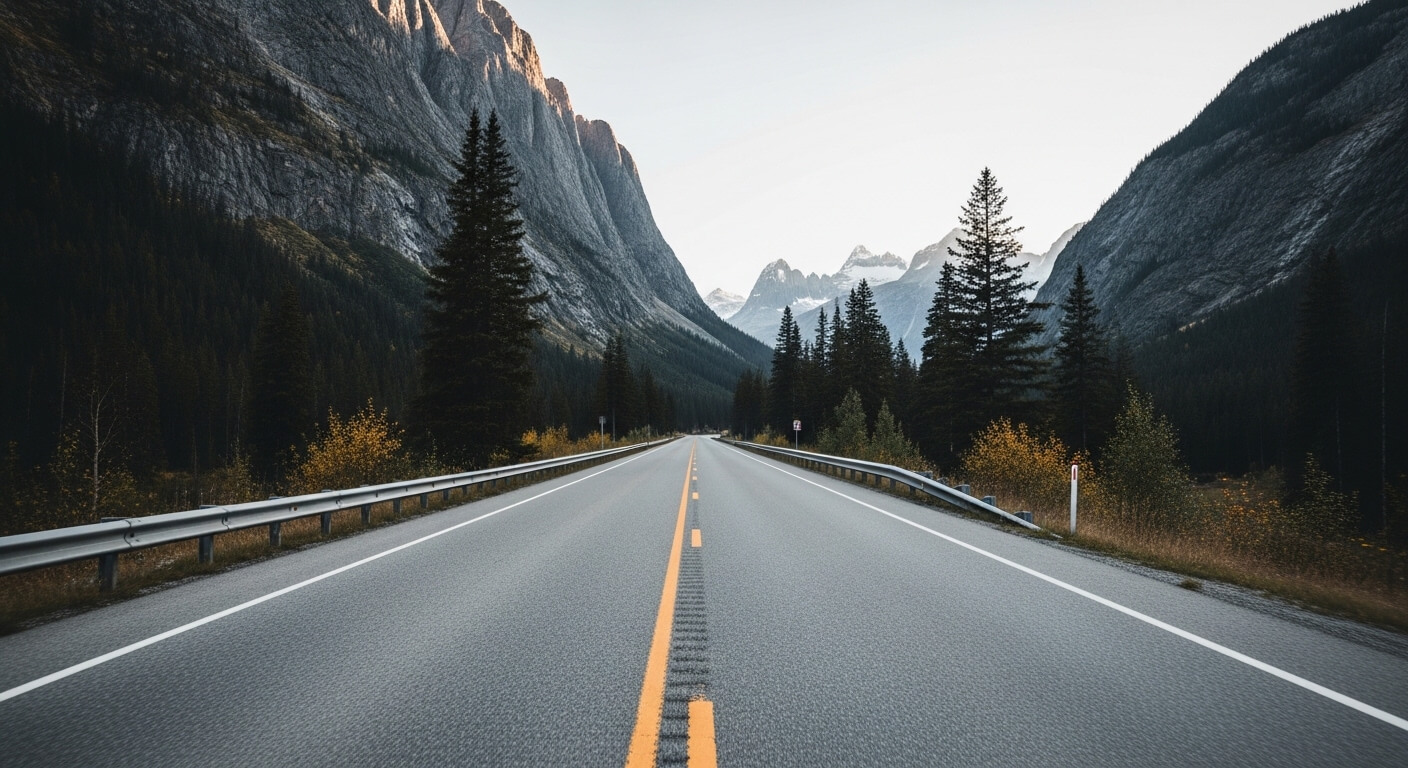 Empty highway leading through pine trees and mountains under clear sky at sunrise or sunset