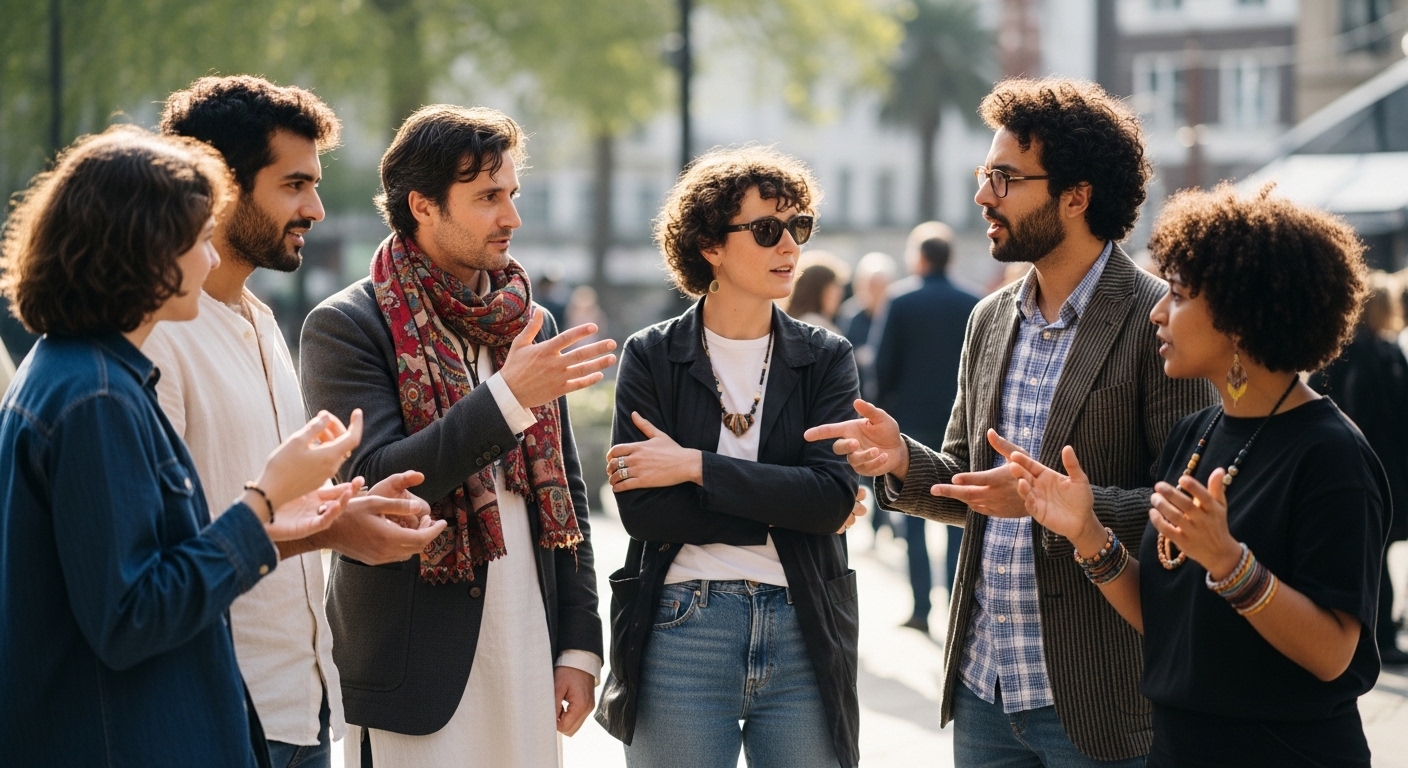 Group of six diverse young adults engaged in an animated outdoor conversation on a sunny day