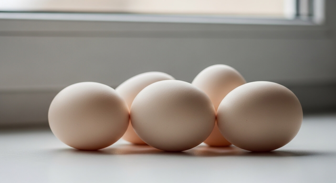 Five light brown eggs arranged on a white surface near a window with soft natural light.