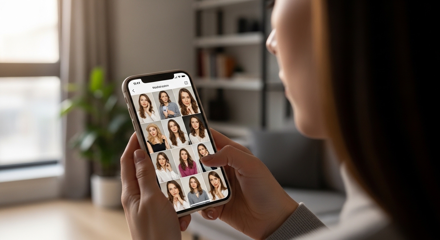 person browsing a gallery of female portrait photos on a smartphone in a living room setting