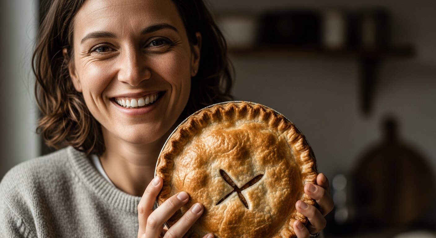 Smiling woman holding a freshly baked golden brown pie with a cross cut on top