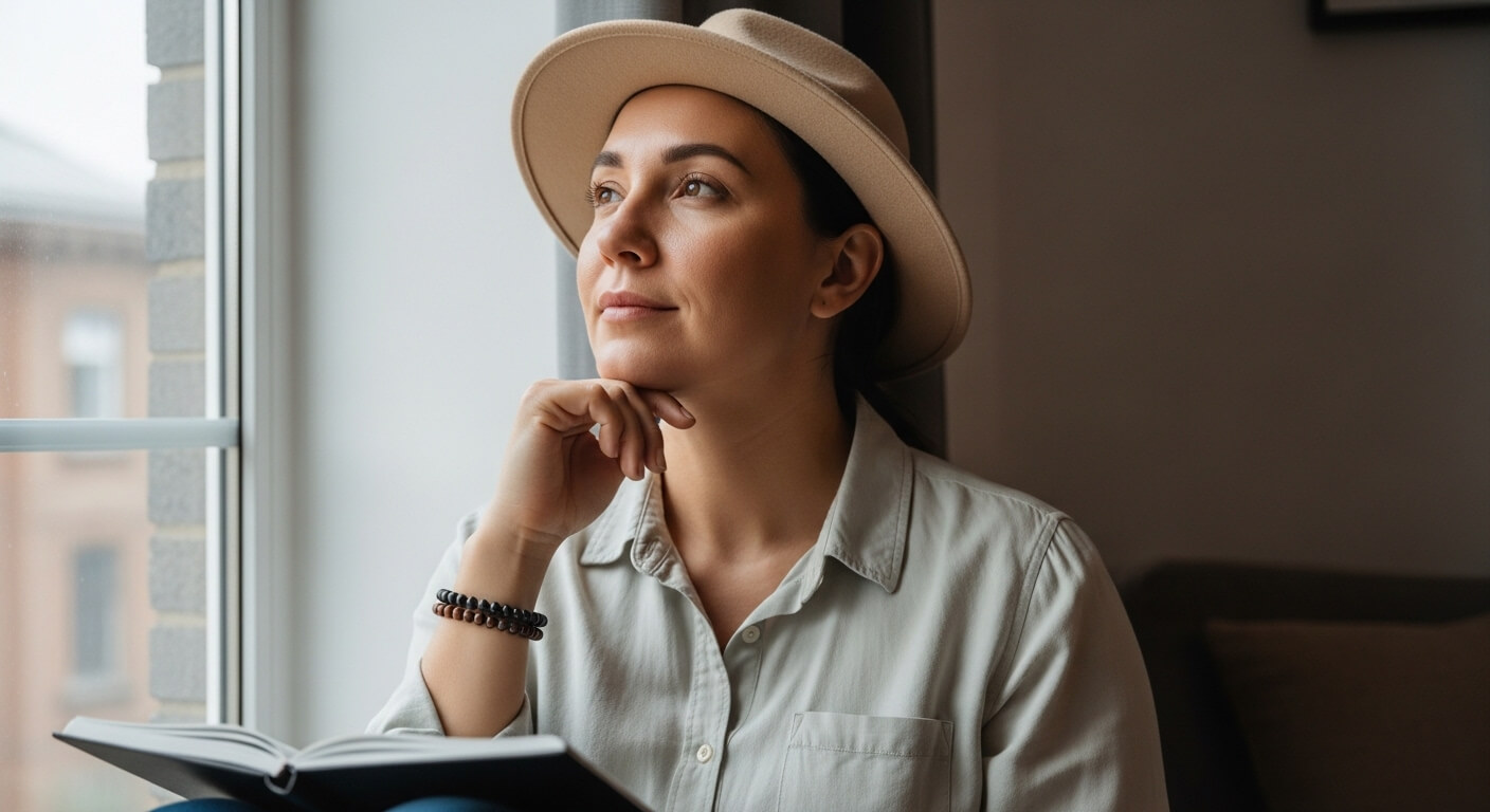 Woman in beige hat and light shirt looking out window while holding open book indoors