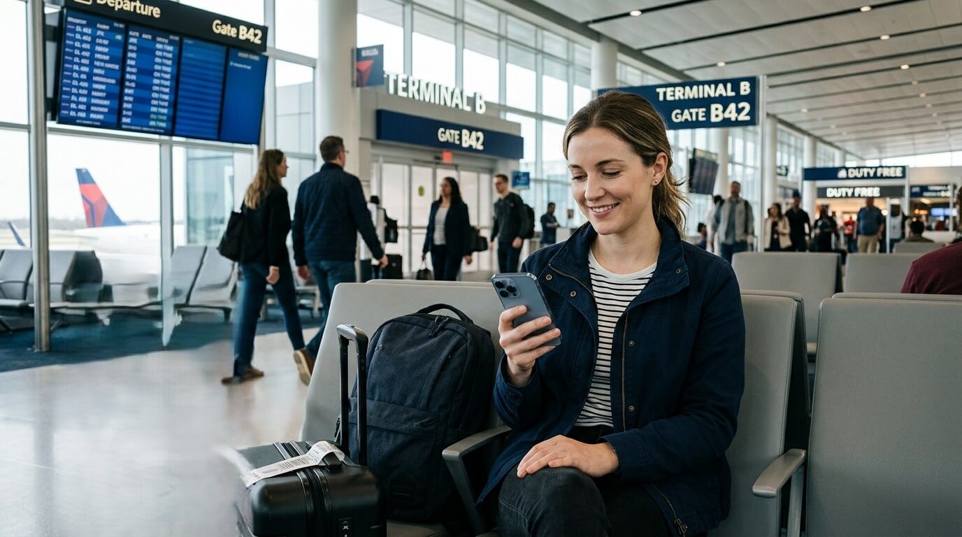 Woman sitting at airport Terminal B Gate B42, looking at phone with suitcase and backpack beside her