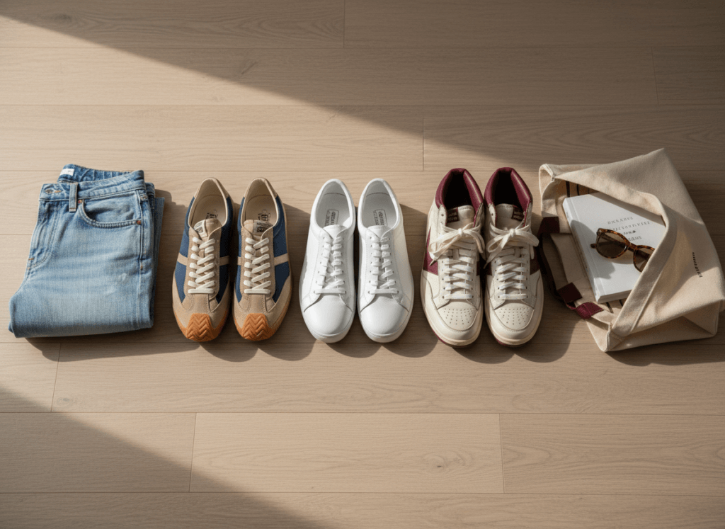 Folded light blue jeans, three pairs of sneakers, and a beige tote bag with books and sunglasses on a wooden floor.