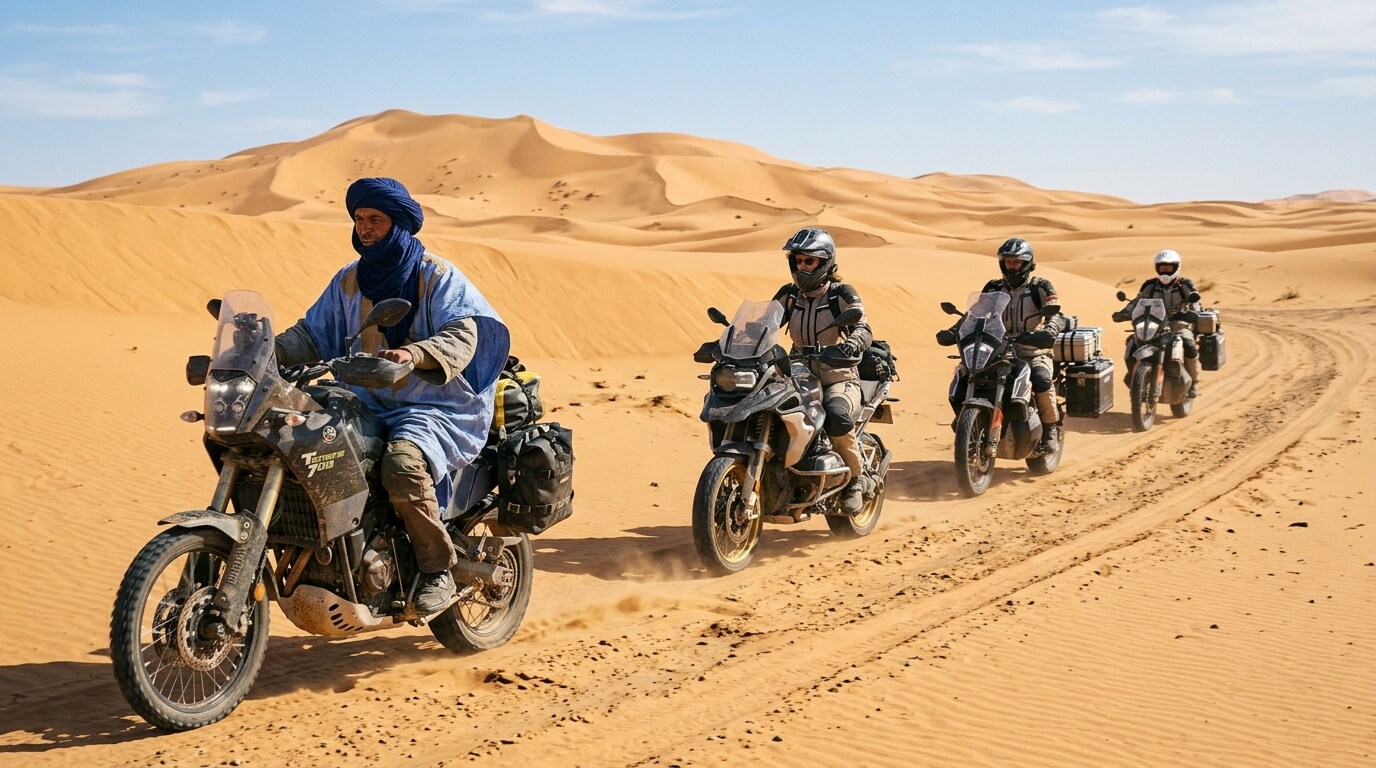 Four motorcyclists riding adventure bikes through desert sand dunes, one wearing traditional blue desert attire.