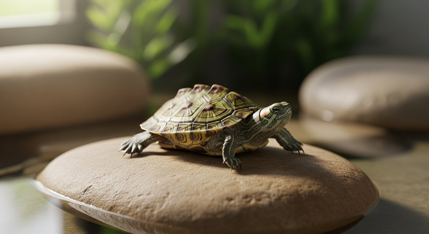 Small turtle resting on a smooth rock surrounded by water and blurred greenery in the background