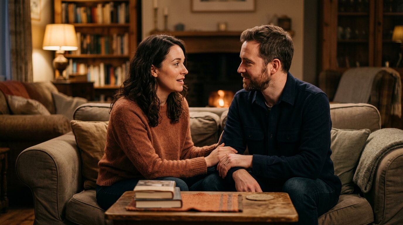 Couple sitting on a couch holding hands and talking in a cozy living room with a fireplace and bookshelves.