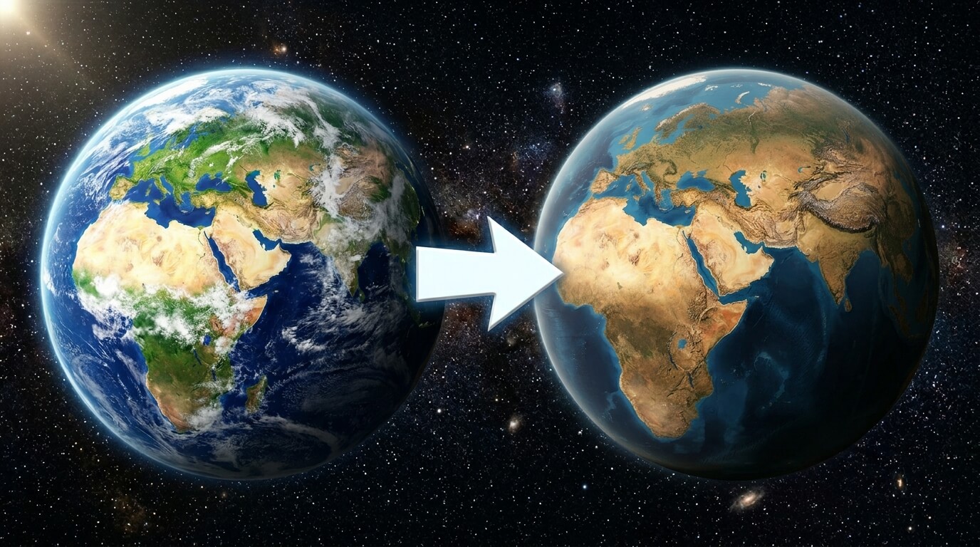 Two Earth globes side by side with an arrow pointing from a green, vibrant Earth to a dry, desertified Earth.