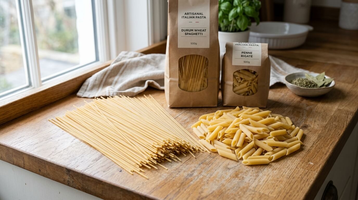 Artisanal Italian pasta packages with durum wheat spaghetti and penne rigate on a wooden kitchen counter.
