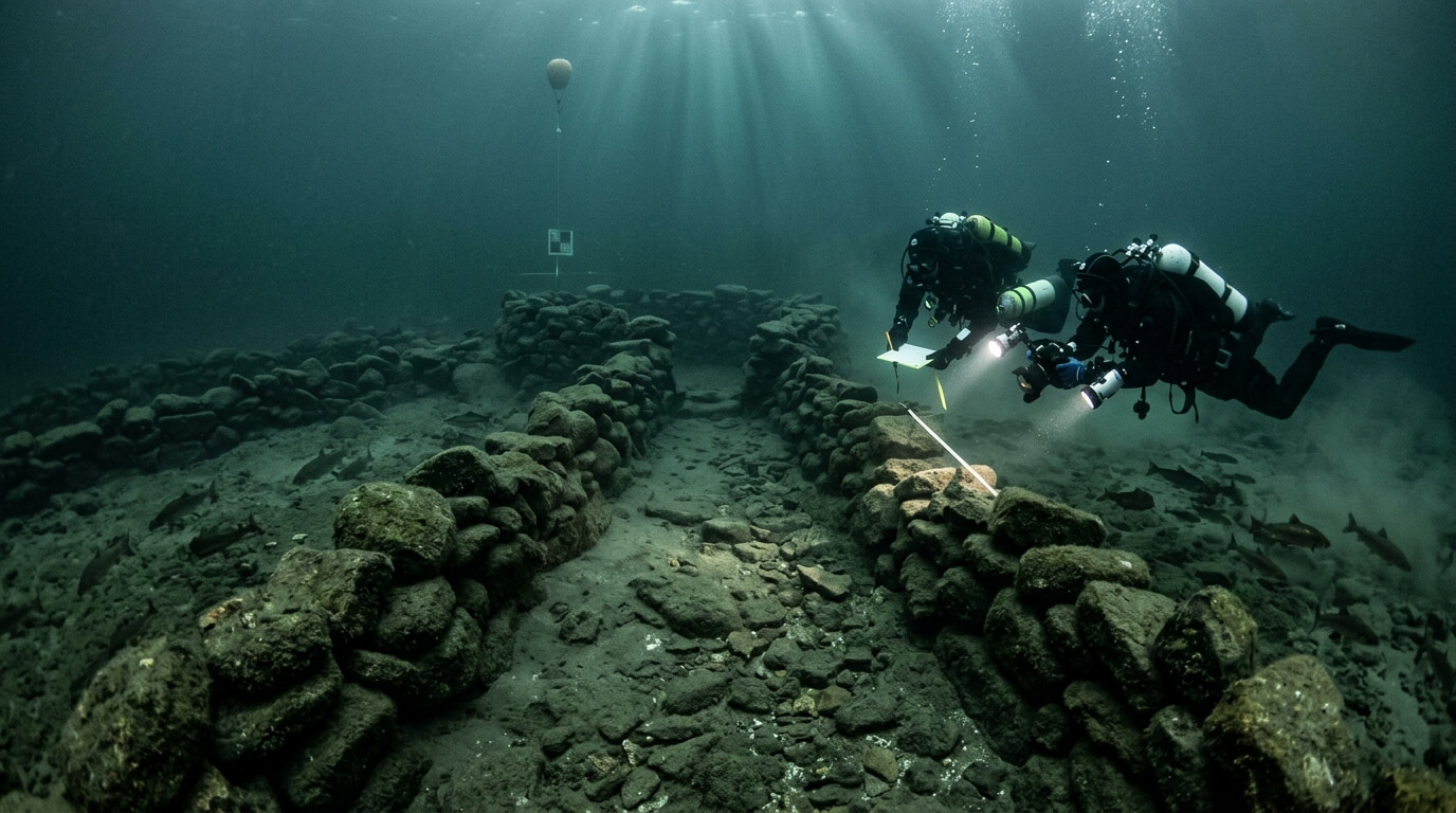 Two scuba divers documenting an underwater ancient stone structure with measuring tools and lights.