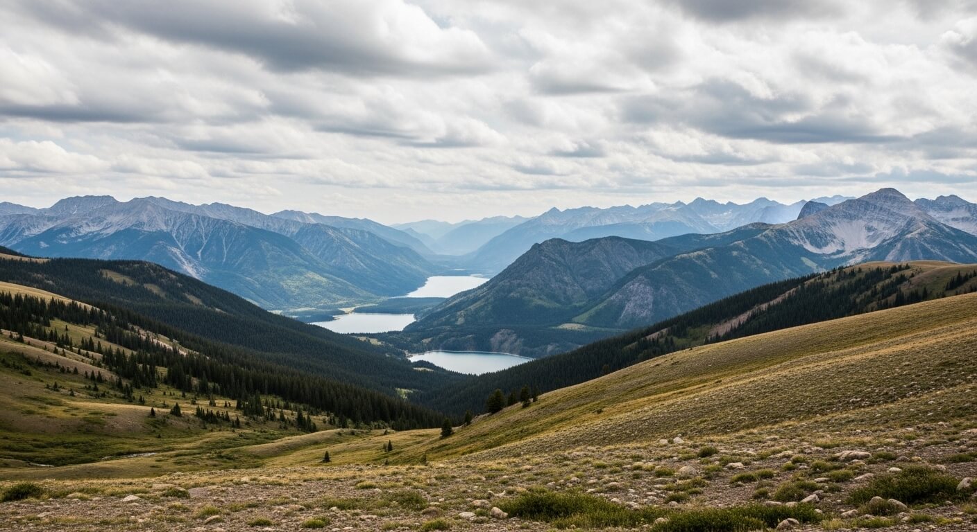 Mountain valley with three lakes under a cloudy sky and forested slopes in the distance
