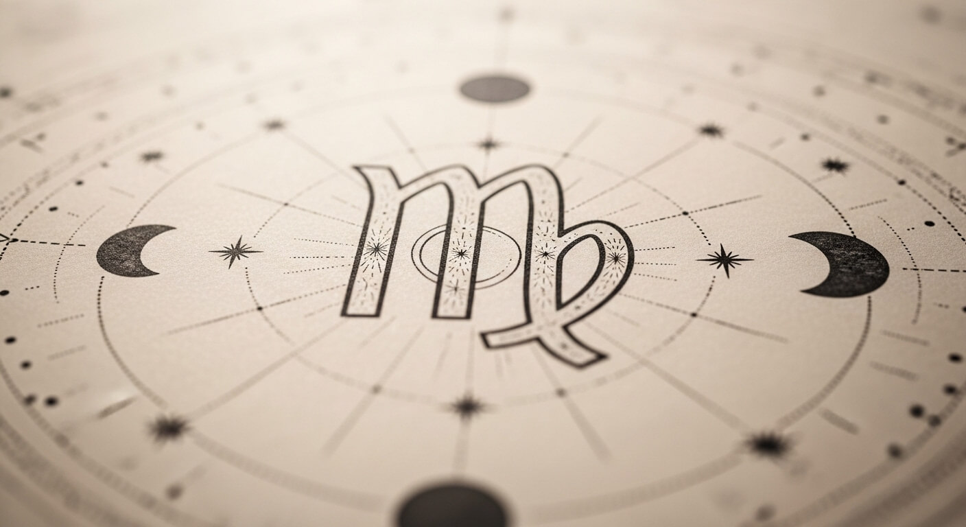 Virgo zodiac symbol surrounded by stars and crescent moons on a celestial chart background.