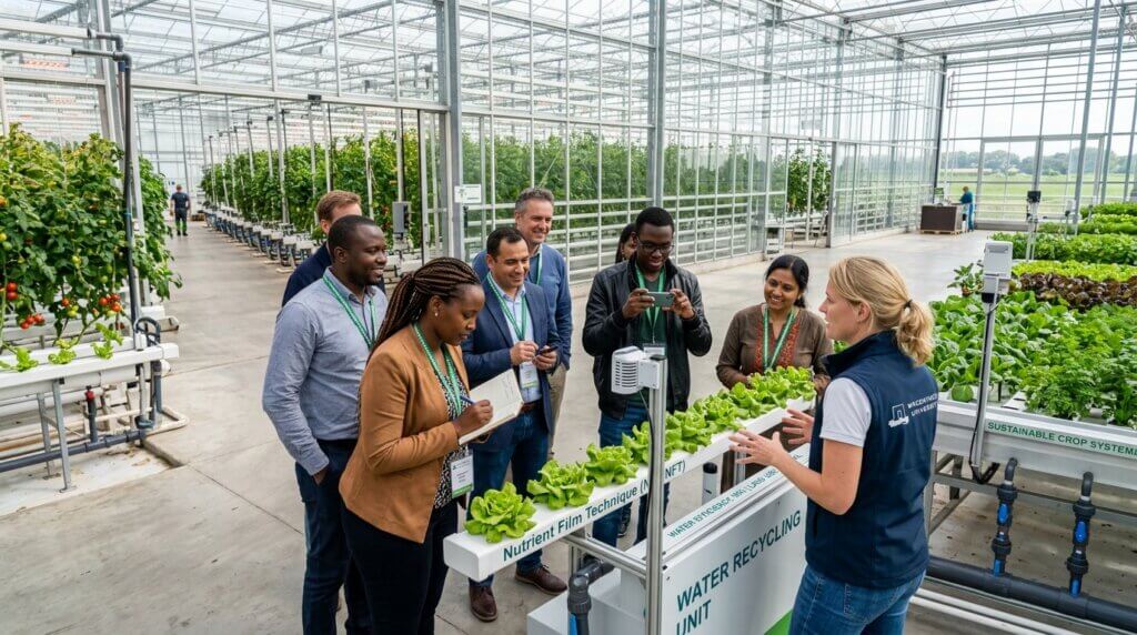 Group of people observing a woman explaining hydroponic lettuce growing using Nutrient Film Technique in a greenhouse at Wageningen University